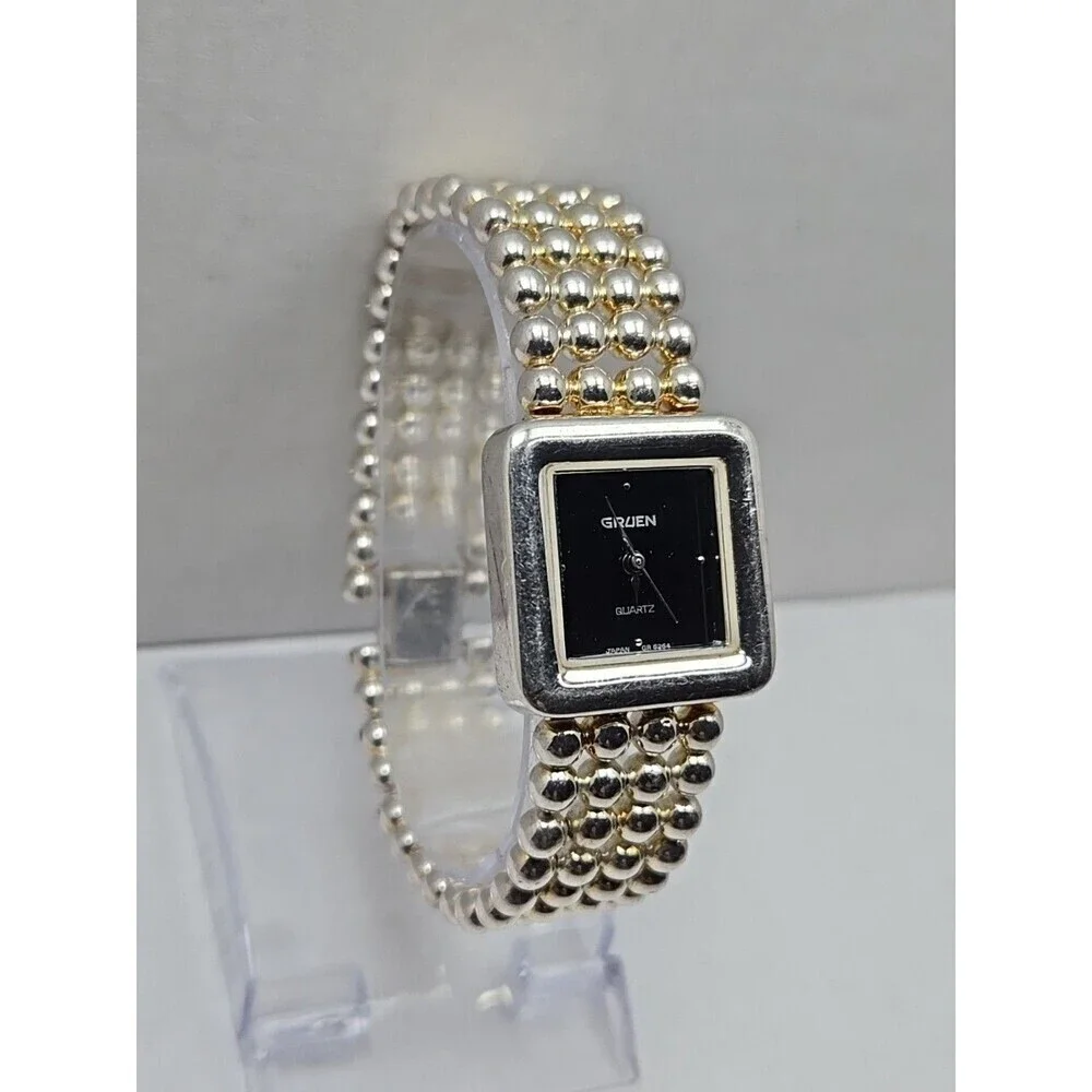 Gruen Womens Square Black Dial Quartz Watch Silver Bead Bracelet New Battery